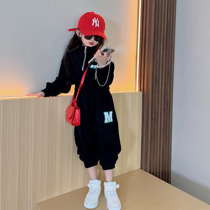 Girls autumn suit 2022 new children's foreign style fashionable medium and big boys and girls spring and autumn casual sweater two-piece set