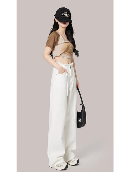 Design sense wide-leg jeans women's 2022 autumn new high waist drawstring slim straight mopping pants long pants