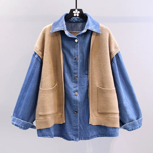 Denim stitching fake two-piece sweater jacket women's autumn and winter 2022 new Korean version fashion loose casual jacket top