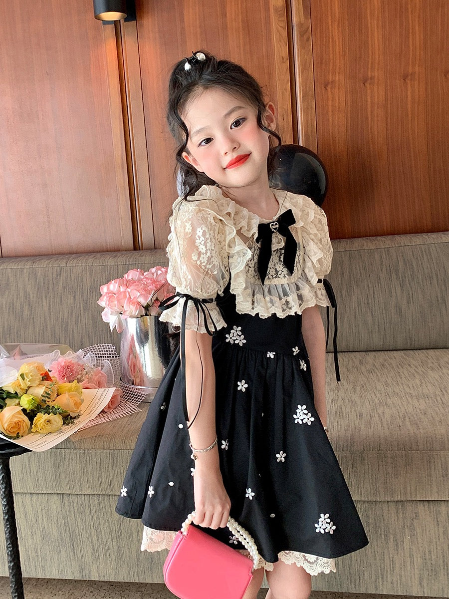 Original Girls Little Fragrance Style Lace Embroidery Dress Summer 2023 New Children's Celebrity Style Puff Sleeve Princess Dress