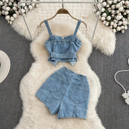 Fashion suit hot girl zipper denim camisole two-piece denim shorts high waist wide leg a-line hot pants
