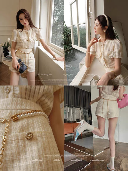 [Earth Store] High-quality plaid small fragrance suit women's summer fashion temperament celebrity tops and shorts two-piece set