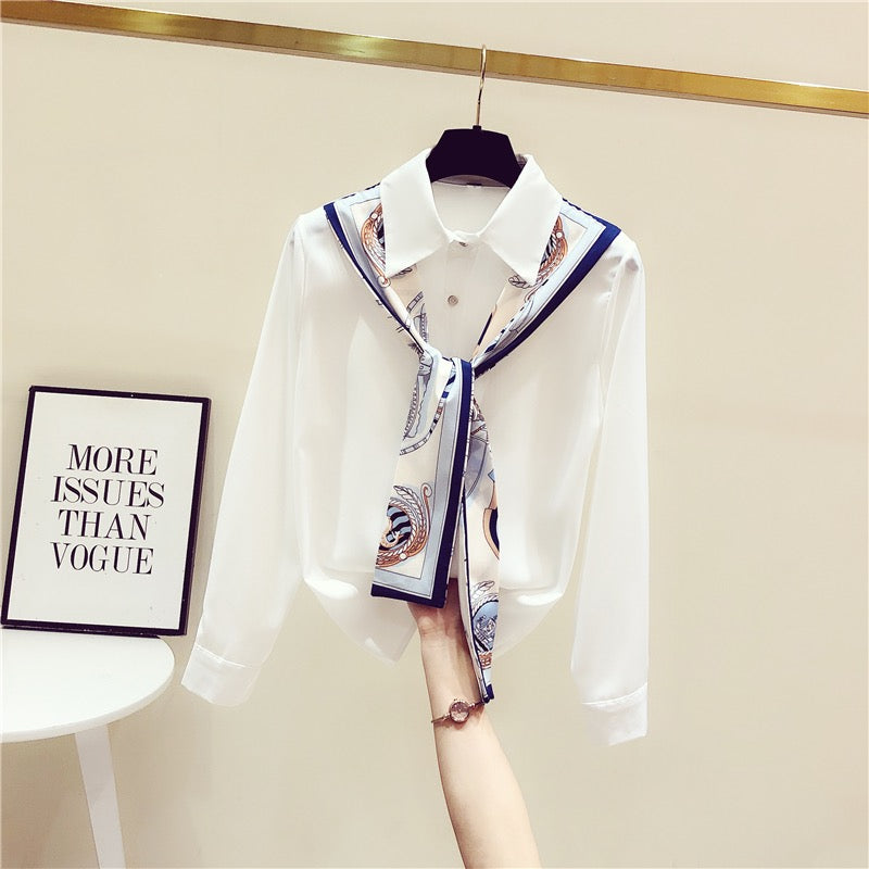 White shirt women's design sense niche 2022 early autumn new French chic high-quality streamer chiffon top trend