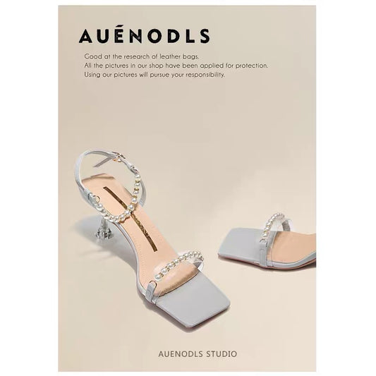 AUENODLS light blue word with pearl high-heeled sandals women's outer wear temperament square head stiletto heel Roman shoes summer