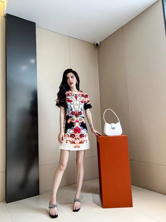 Celebrity light luxury high-end design skirt 2022 women's summer French print small heavy-duty diamond-studded dress 1422