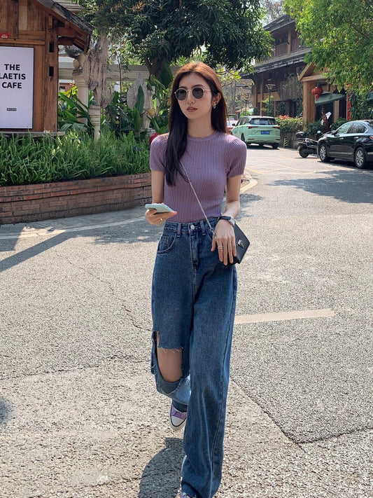 MULVAN ripped hole raw edge jeans women's 2022 new high-waisted thin loose straight wide-leg pants high street tide