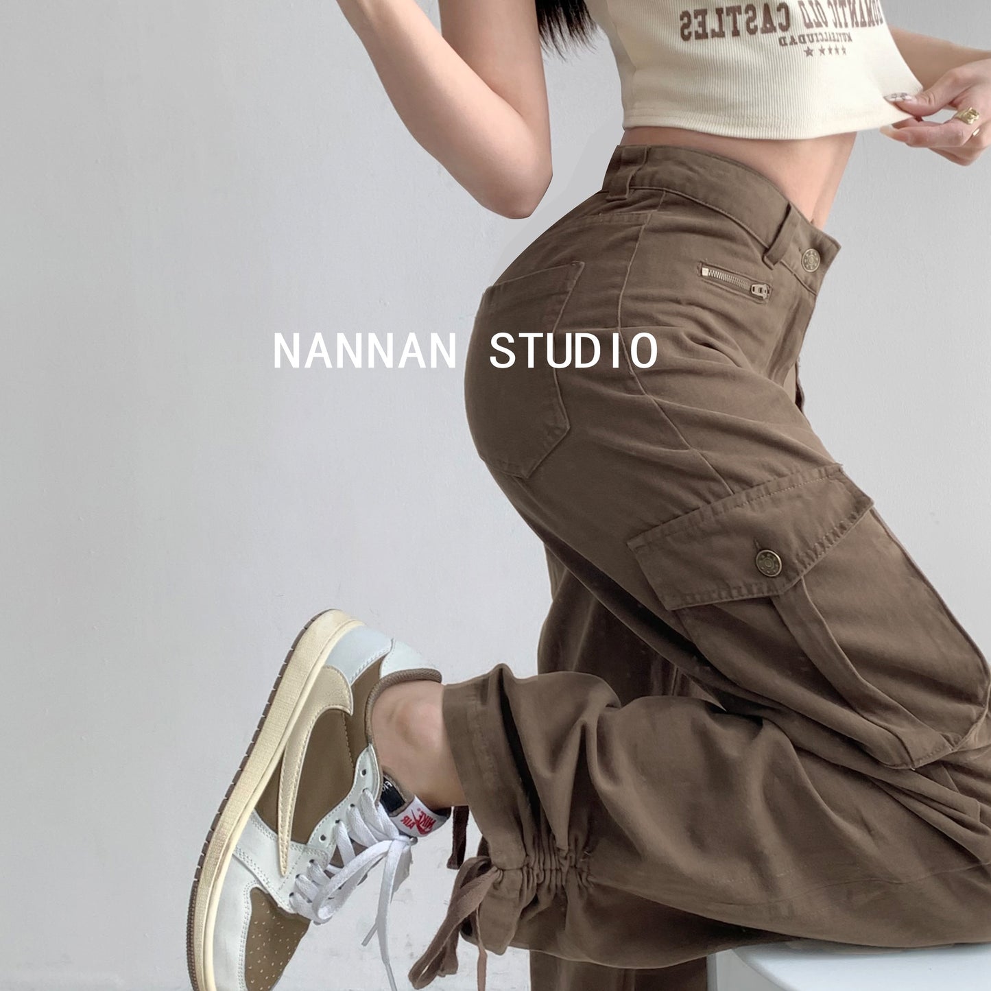 American style functional style multi-pocket high-waisted sports pants women's spring and autumn loose straight shirring foot mopping overalls trendy