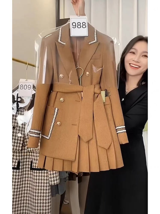 Autumn small fragrance suit feminine temperament ladies high-end sense college style professional suit jacket pleated skirt two-piece set