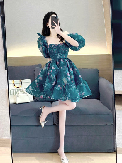 Puff skirt dress women's summer 2023 new retro printing temperament sweet French square collar puff sleeve princess dress
