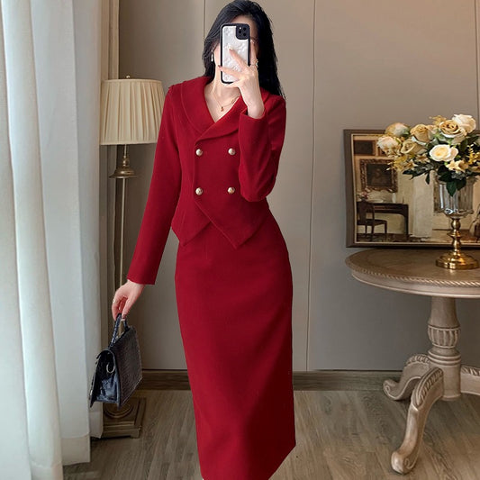 Chinese New Year red woolen small fragrant wind suit skirt 2023 winter new fashion temperament celebrity two-piece spring