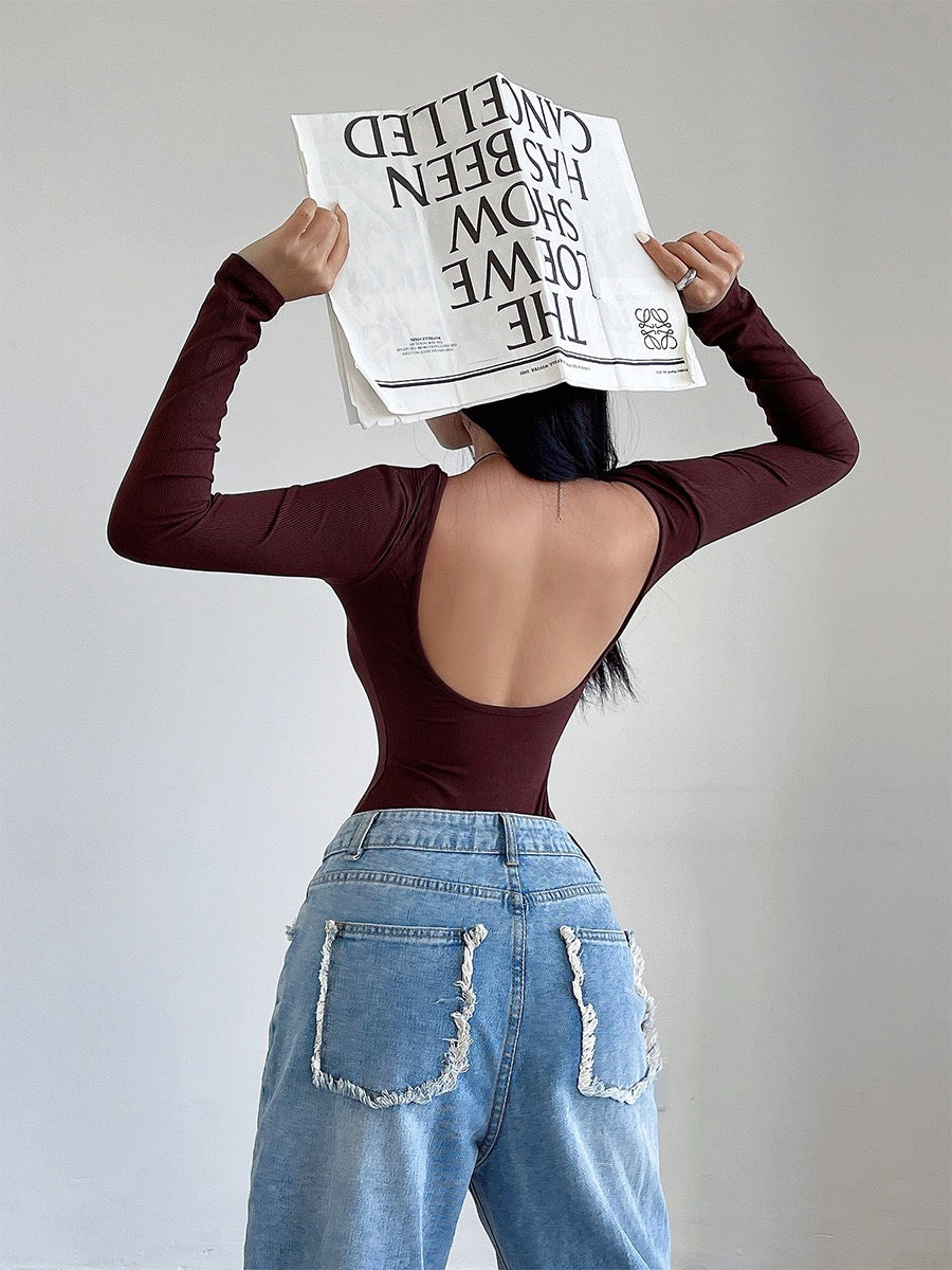 liviahome European and American sexy babes big halter jumpsuit stretch tight long-sleeved T-shirt bottoming shirt top female