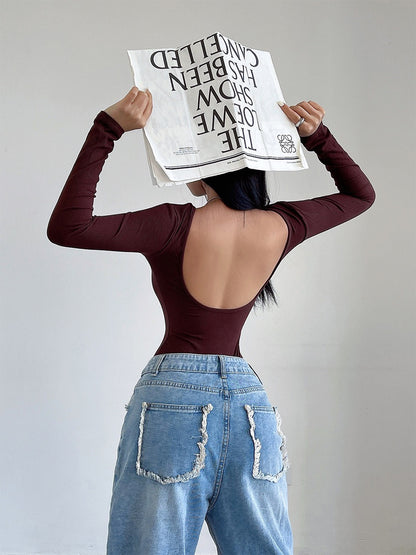 liviahome European and American sexy babes big halter jumpsuit stretch tight long-sleeved T-shirt bottoming shirt top female