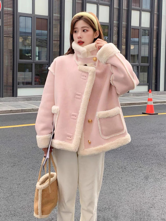 Pink lamb velvet jacket women's short winter fur one 2022 new small Korean style thick cotton coat trend