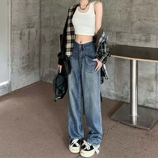 1134 Kumikumi loose wide-leg pants retro high-waisted straight-leg pants women's summer washed jeans were thin and mopping pants