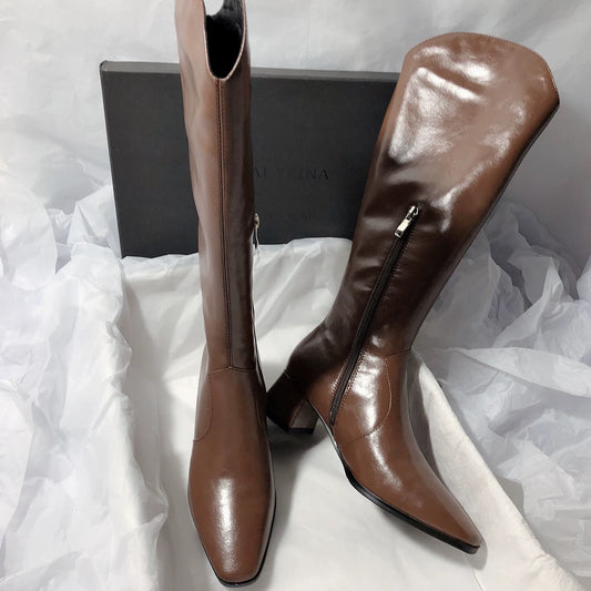Senyu Haixiang Giant textured leather high-heeled pointed toe retro knee-high boots knight handsome high boots women