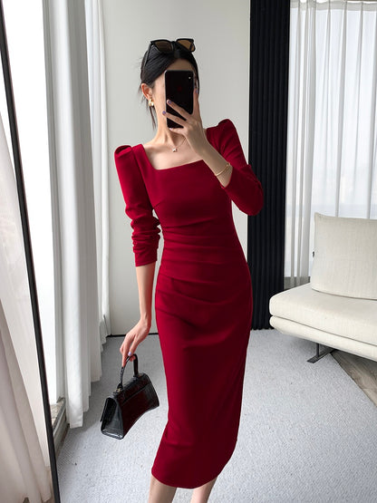 Guoge custom red dress female 2023 spring new long-sleeved French waist slim temperament square collar engagement dress
