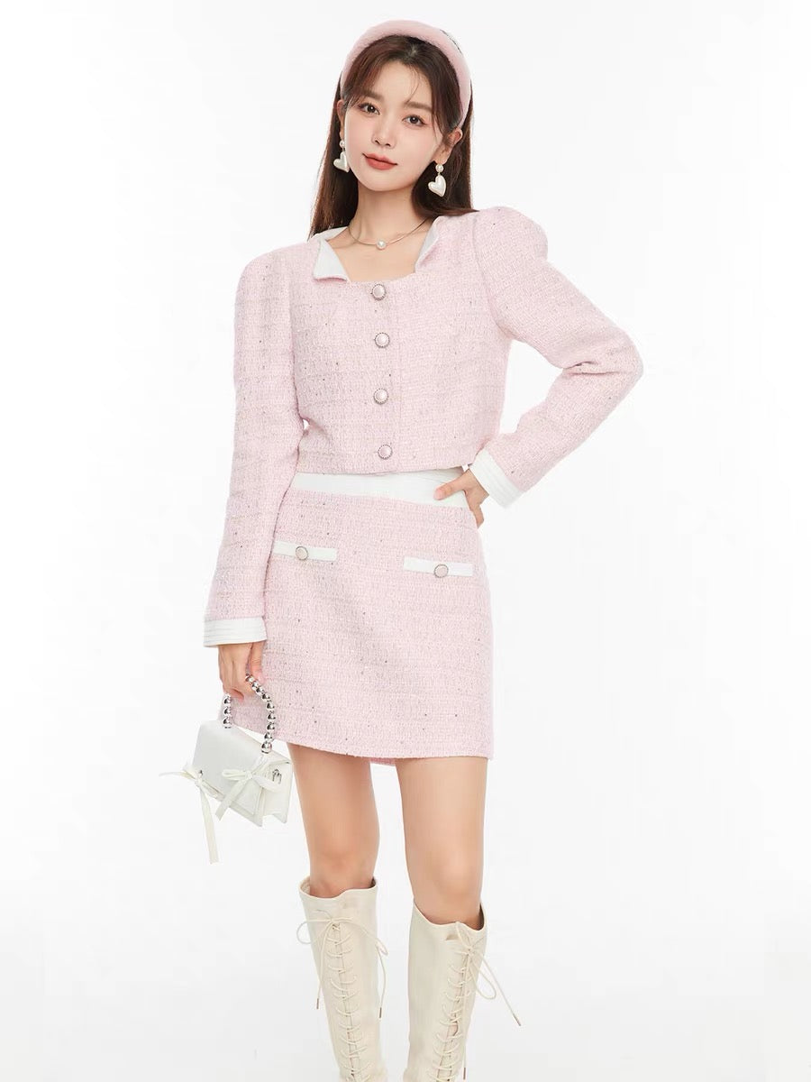 Fantu Fashion Puff Sleeve Jacket High Waist A-line Skirt Suit 2022 Autumn New Wool Small Fragrance Two-piece Set