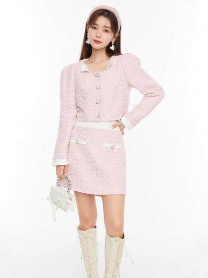 Fantu Fashion Puff Sleeve Jacket High Waist A-line Skirt Suit 2022 Autumn New Wool Small Fragrance Two-piece Set