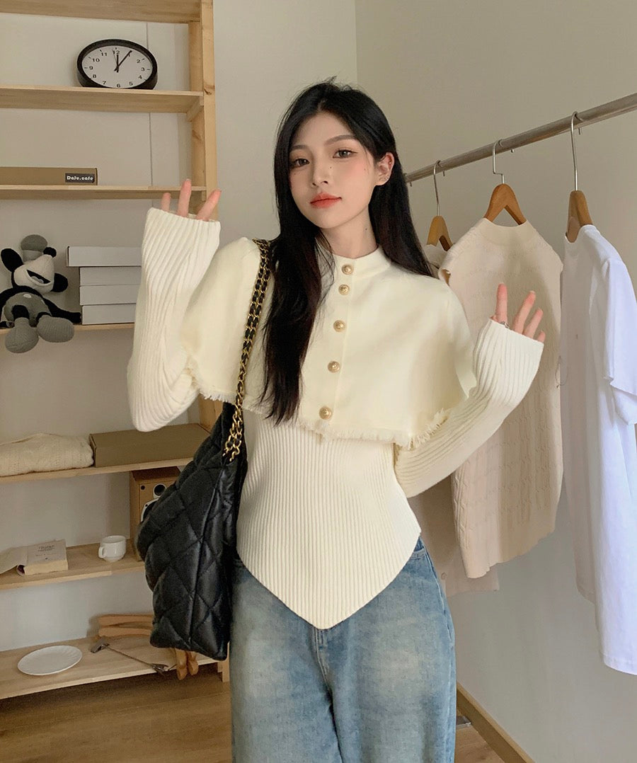New fashion suit women's high-end sense red thin sweater early spring tassel knitted cloak coat two-piece set