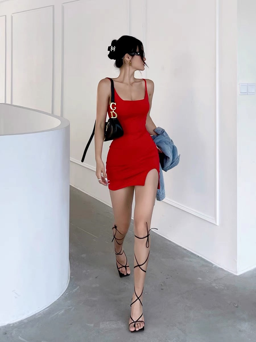 Jingye sexy suspender dress female 2022 summer temperament self-cultivation slimming bag hip side split one-step skirt short skirt