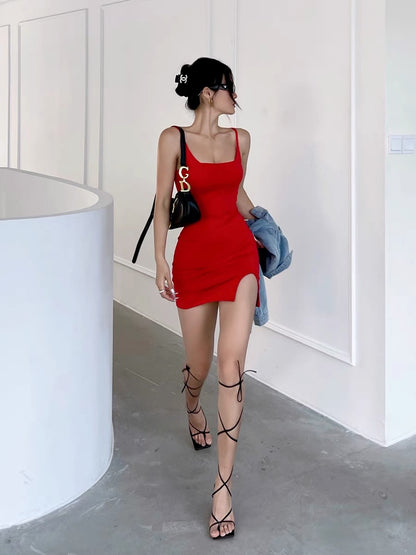 Jingye sexy suspender dress female 2022 summer temperament self-cultivation slimming bag hip side split one-step skirt short skirt