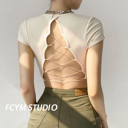 European and American pure desire style halter strap short-sleeved T-shirt female summer hot girl sexy slim tight short navel top