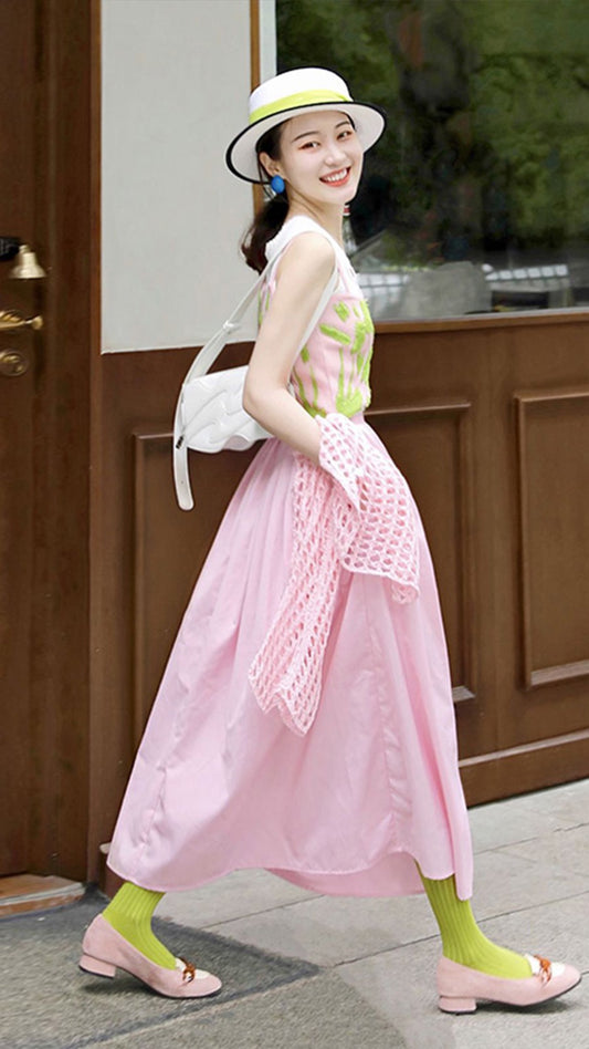 Summer women's tea wear a whole set of slightly fat mm slimming pear-shaped figure dress two-piece suit