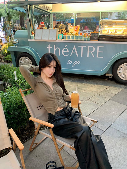 Bean paste chic [lava black skillful] black Pu leather casual pants women's autumn low waist loose wide-leg long leather pants