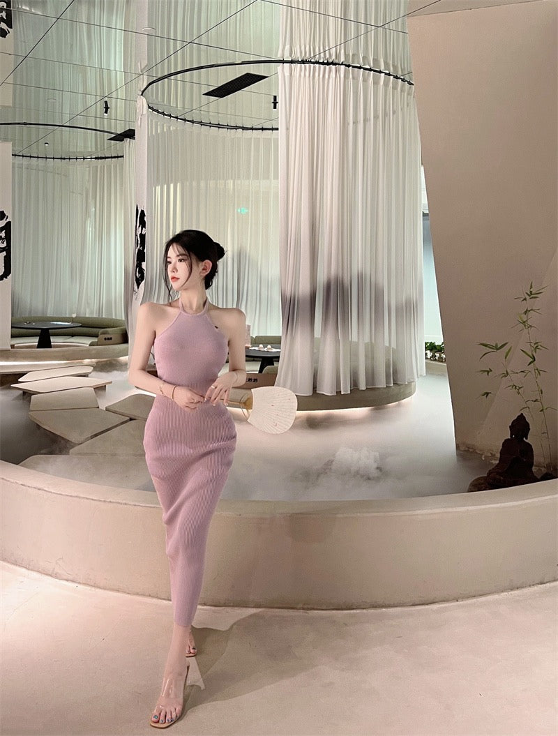 Dress women's Korean version slim and thin sexy halter neck skirt 2023 summer new pure desire knit wrap hip dress