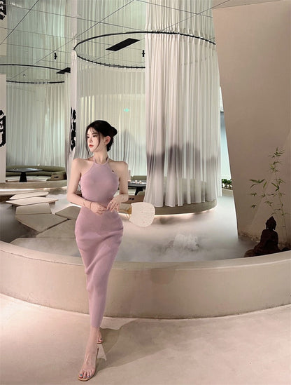 Dress women's Korean version slim and thin sexy halter neck skirt 2023 summer new pure desire knit wrap hip dress