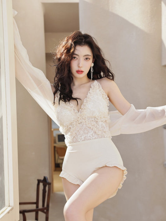 Golden Pearl Swimsuit Ladies 2023 New Conservative Small Chest Covering Belly Showing Thin One-Piece Skirt Two-piece Hot Spring Swimsuit