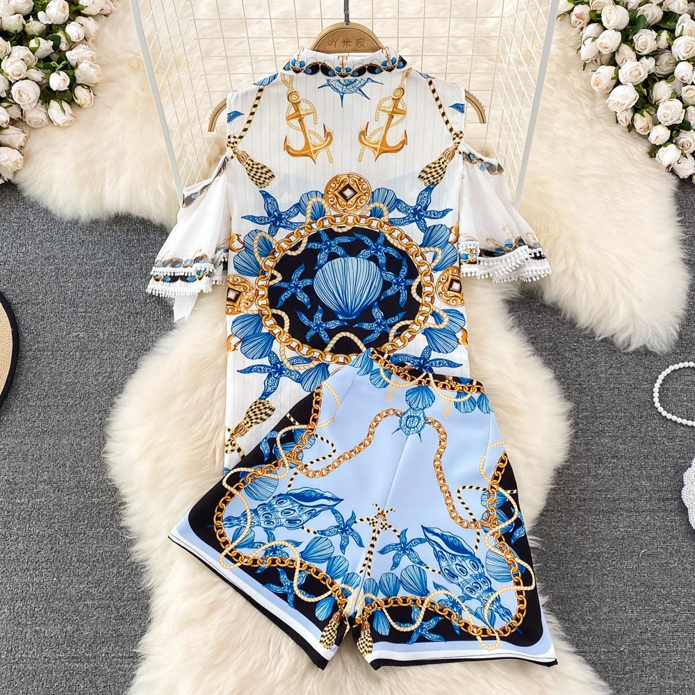 Fashion suit women's casual lapel single-breasted off-the-shoulder loose printed shirt two-piece set high waist wide-leg shorts summer
