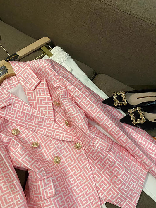 2022 new European and American star fashion double breasted pink geometric figure jacquard slim suit jacket Balmain