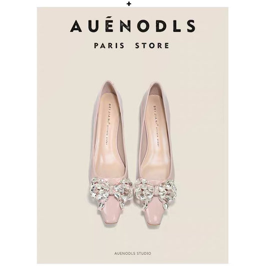 AUENODLS leather light pink bow small square toe flat shoes rhinestone Mary Jane shallow mouth thick heels women
