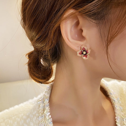Pink flower earrings female niche design high-end sterling silver needle earrings 2022 new trendy light luxury ear accessories