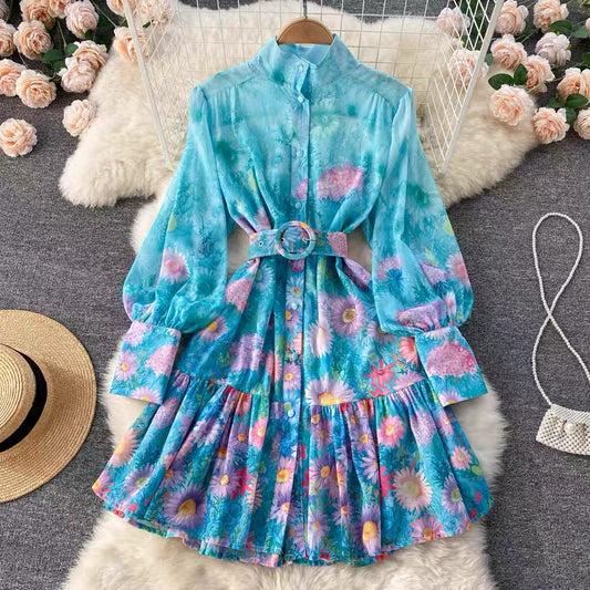 2022 early spring new stand-up collar lantern sleeves mid-length printed dress design sense niche French pleated skirt