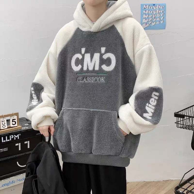 Autumn and winter Hong Kong style plus velvet thickened lamb velvet sweater men's color contrast stitching hooded jacket ins trend cotton hoodie