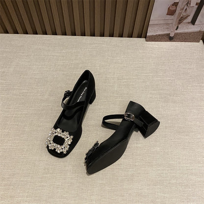 Rhinestone square toe single shoes women's autumn thick heel with evening style temperament French retro jk Mary Jane small leather shoes women