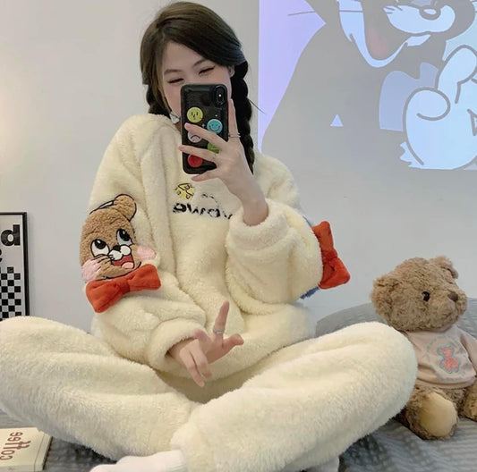 2022 new coral fleece pajamas women's autumn and winter thickened cute cartoon flannel home clothes casual suit winter