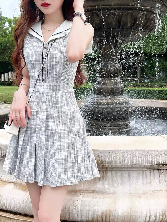 Q Women's Home Good Morning Jennifer / Blue Plaid Dress Women's Summer Thin American Retro Sleeveless Skirt xs