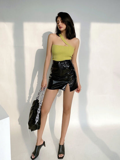 liviahome sexy babes embossed bright leather skirt female high waist slim bag hip A word slit skirt skirt skirt