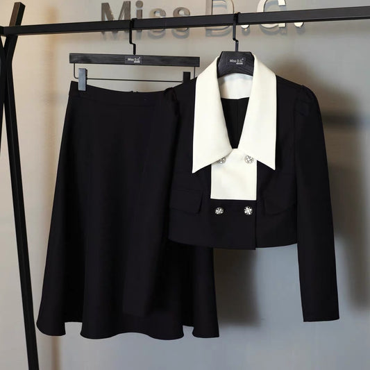 Miss DG early autumn new women's suit fashion age-reducing short jacket black small fragrance skirt two-piece set 1693