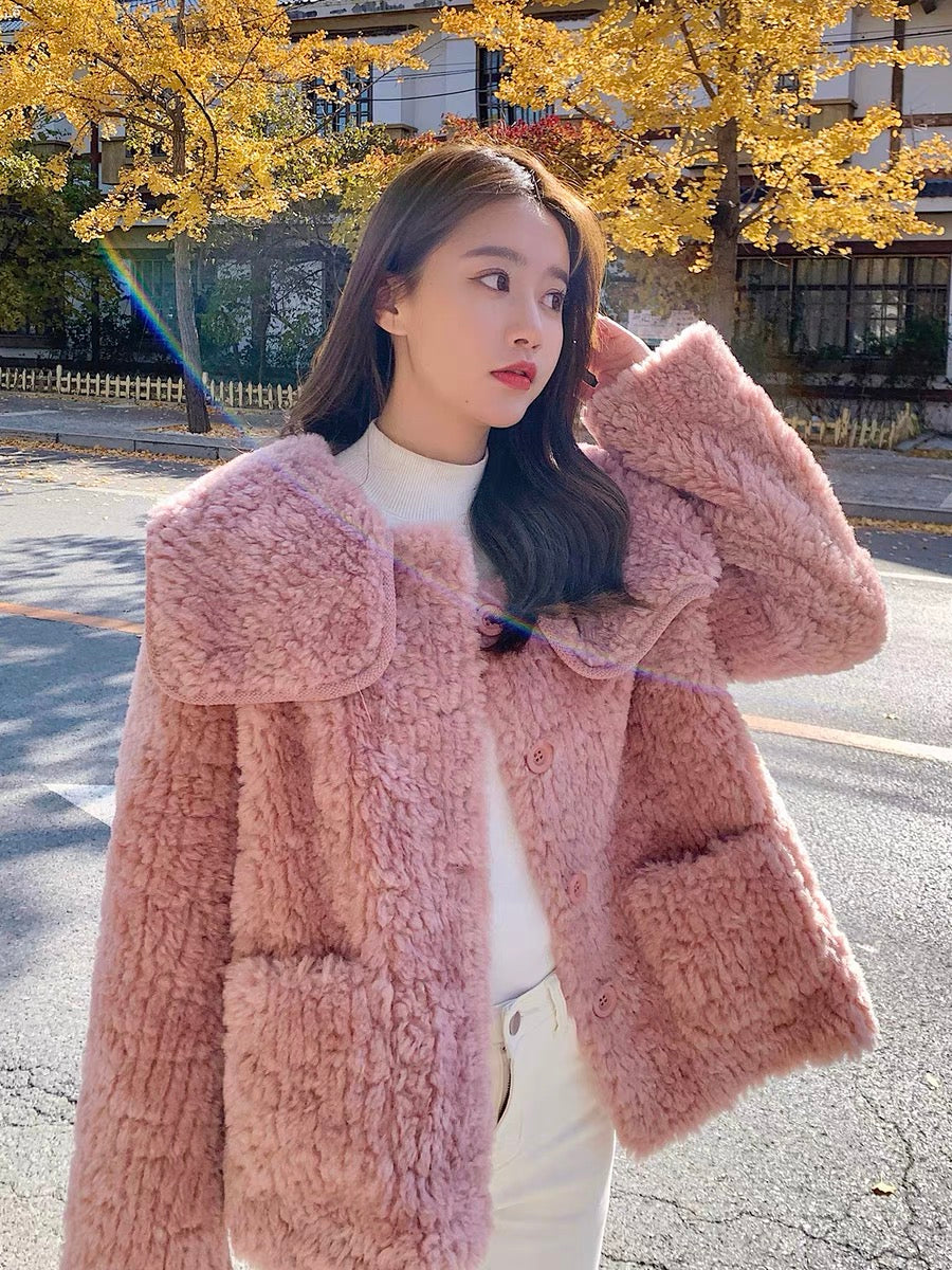 Pink lamb wool coat women's autumn and winter 2022 new Korean style small man high-end temperament fur coat
