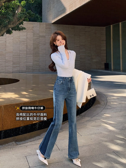 Mrs. Island song flared pants splicing jeans women's spring design sense long pants high waist slimming straight-leg pants