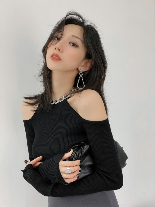 d/z shop flash diamond clavicle chain off-shoulder sexy knitted sweater women's autumn and winter careful machine slim sweater inner top
