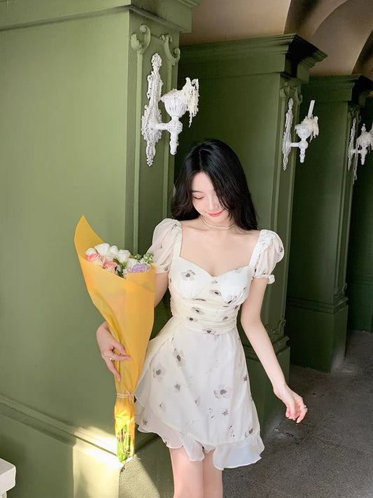 ByYou French Temperament Square Neck Floral Chiffon Dress Female High-end Small Pleated Short Skirt 1137
