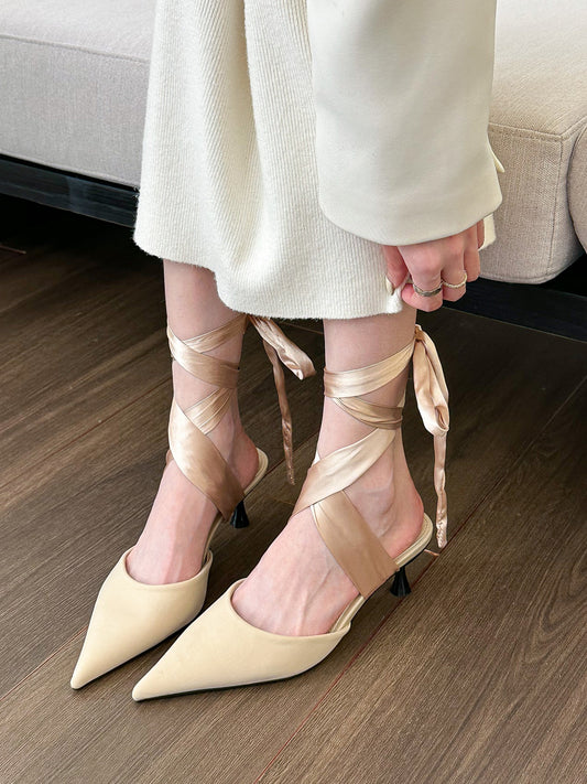elingstudio black temptation strap pointed high-heeled shoes female 2023 new ribbon baotou empty sandals