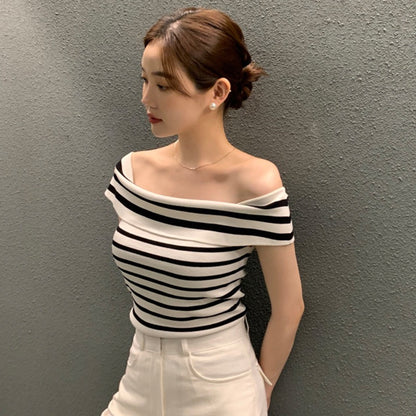 Korean chic summer temperament small sexy one word collar strapless slim slim striped short-sleeved sweater top women