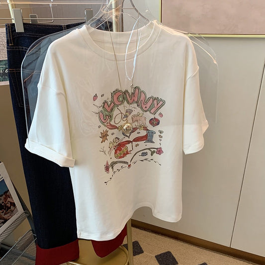European design sense white short-sleeved t-shirt women's summer 2023 new loose lazy wind mid-length bottoming shirt top