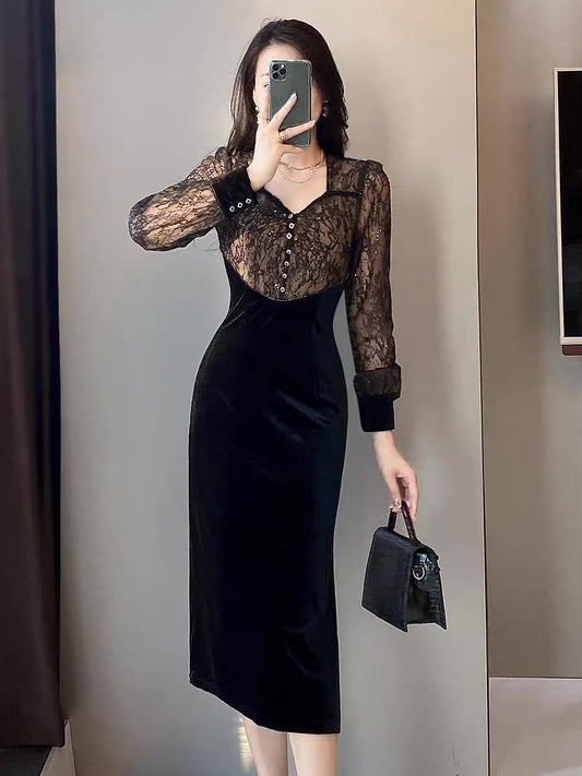 2022 autumn new temperament long-sleeved waist high-end velvet retro stitching slim slim dress women 1945